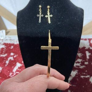 Gold Tone Cross Bangle and Pierced Earrings.